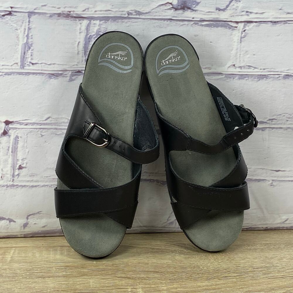 Dansko Black Leather Strappy Wedge Sandals Women's 40 US 9.5-10 Criss Cross - Picture 6 of 8
